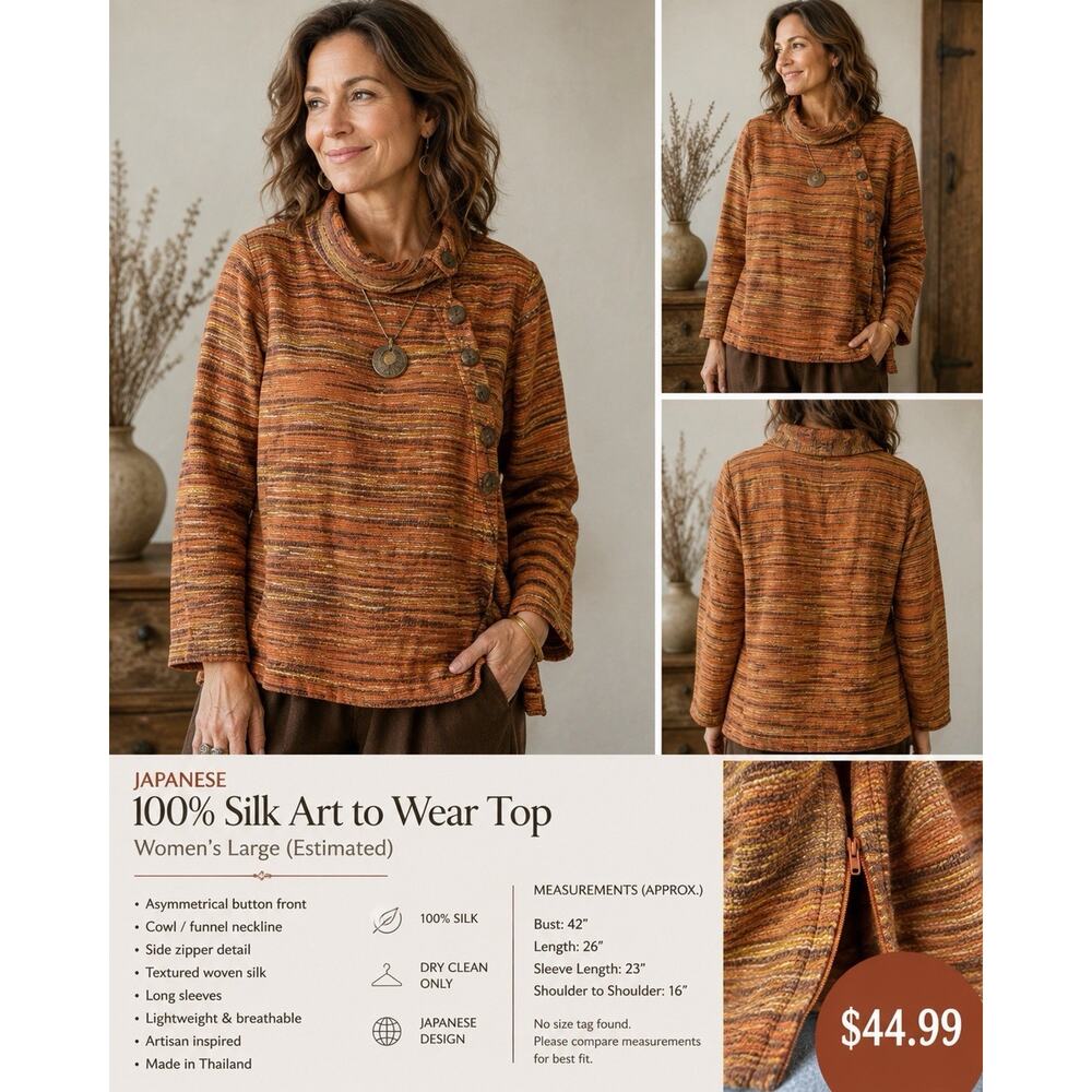 Japanese 100% Silk Art to Wear Top Womens L Rust Woven Asymmetrical Boho EUC